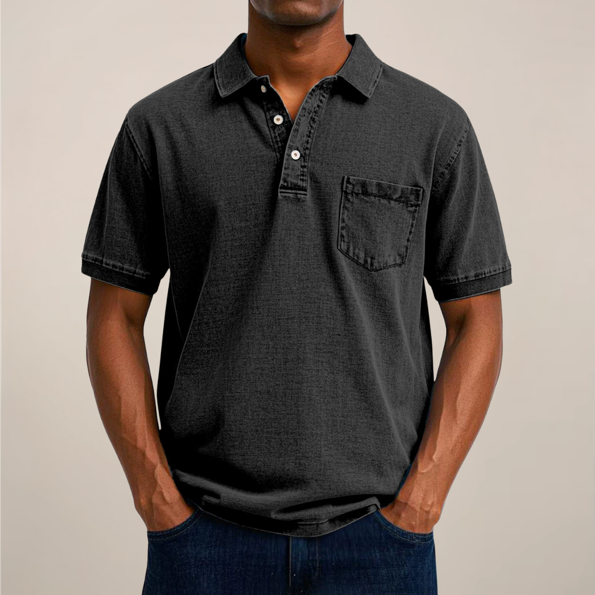 Men's relaxed fit denim polo shirt in blue with chest pocket and soft denim-inspired texture