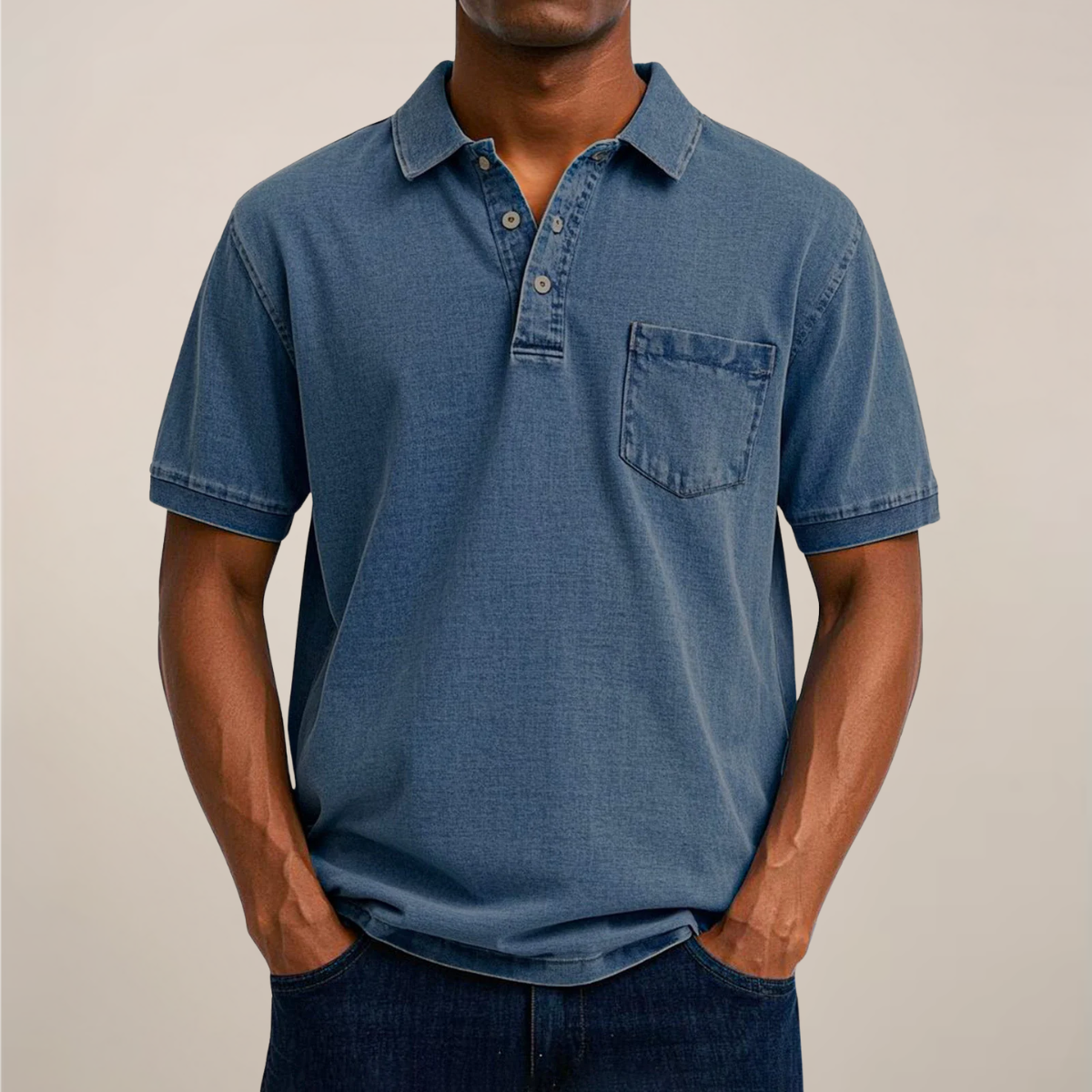 Men's relaxed fit denim polo shirt in blue with chest pocket and soft denim-inspired texture