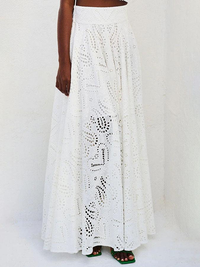 Women's ivory embroidered hollow lace long A-line skirt elegant evening wear flattering silhouette