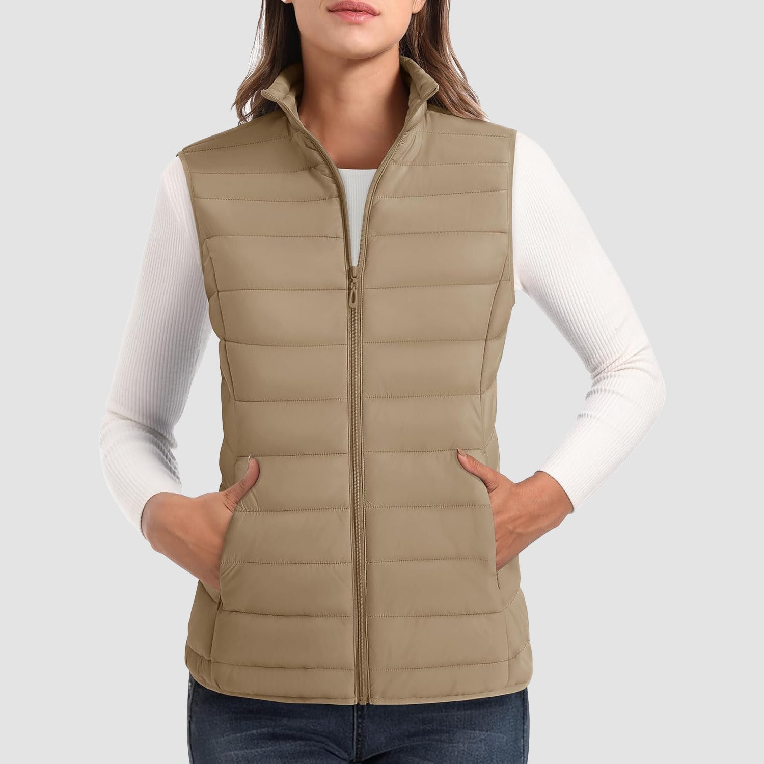 Women's ultralight puffer vest stand collar 4-pocket water-resistant quilted sleeveless nylon jacket