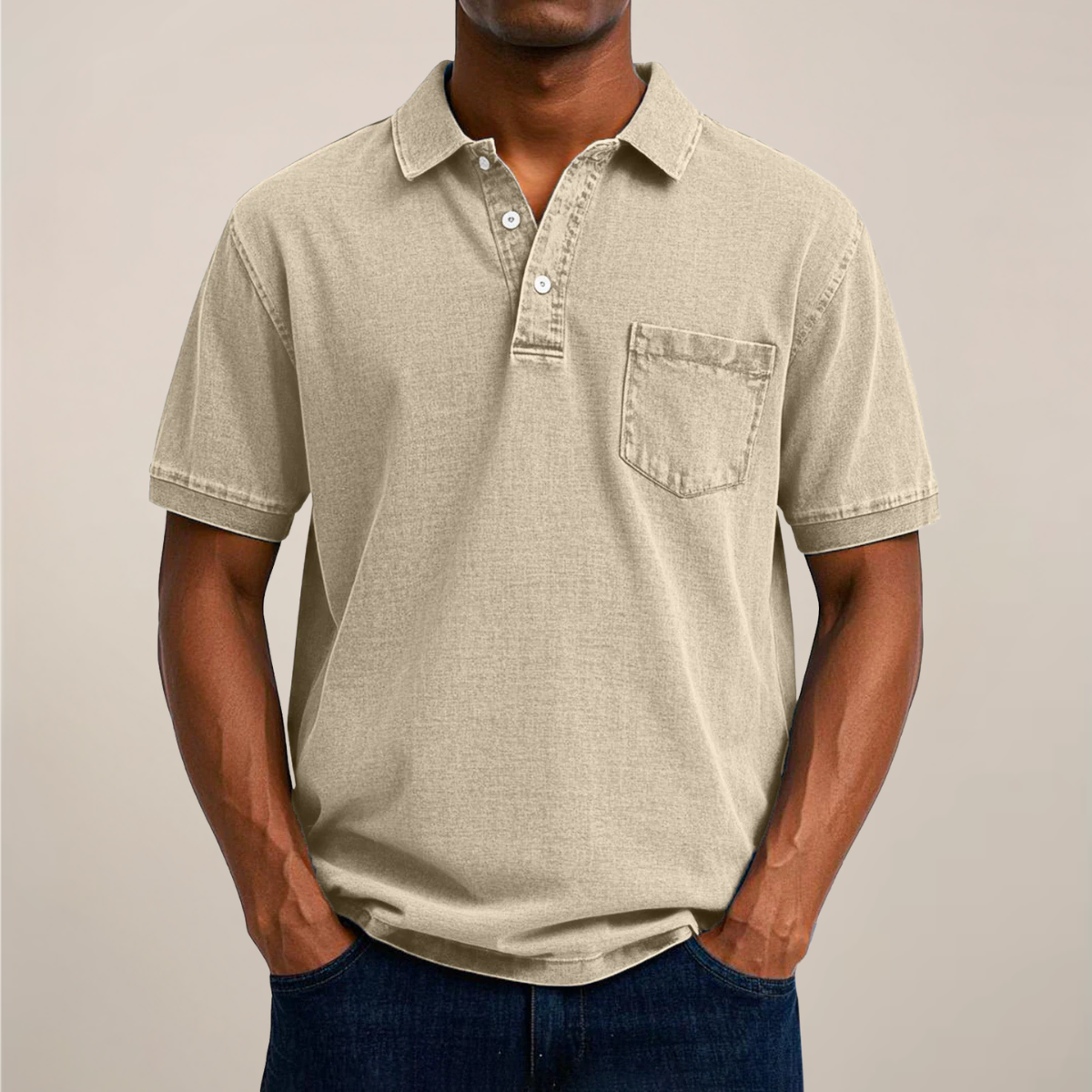 Men's relaxed fit denim polo shirt with chest pocket, soft denim-inspired texture for casual everyday wear