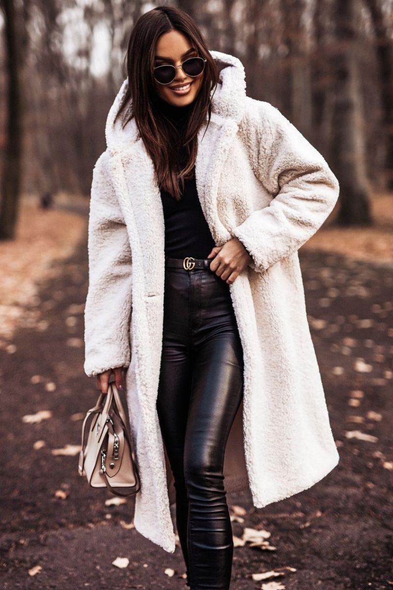 Women's relaxed fit mid-calf hooded coat in neutral tone with cozy casual silhouette