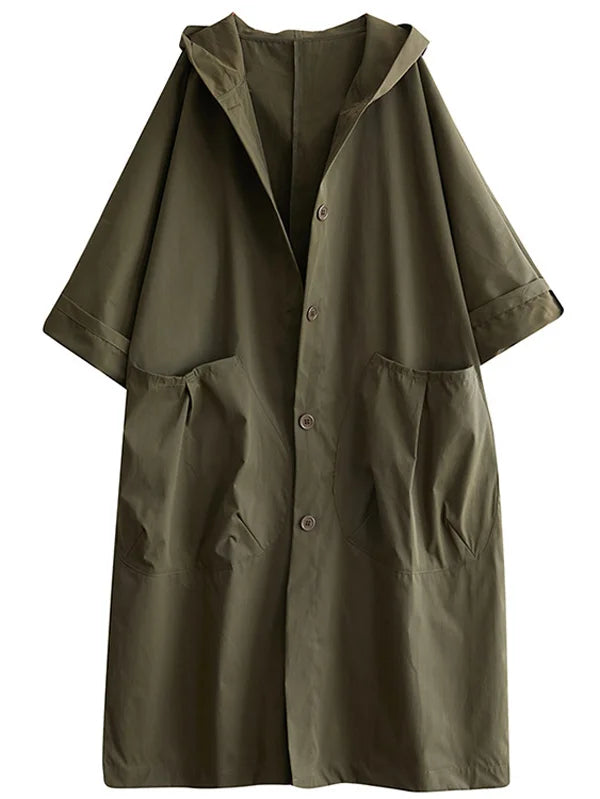 Lightweight long waterproof hooded trench coat relaxed silhouette oversized pockets for commuters