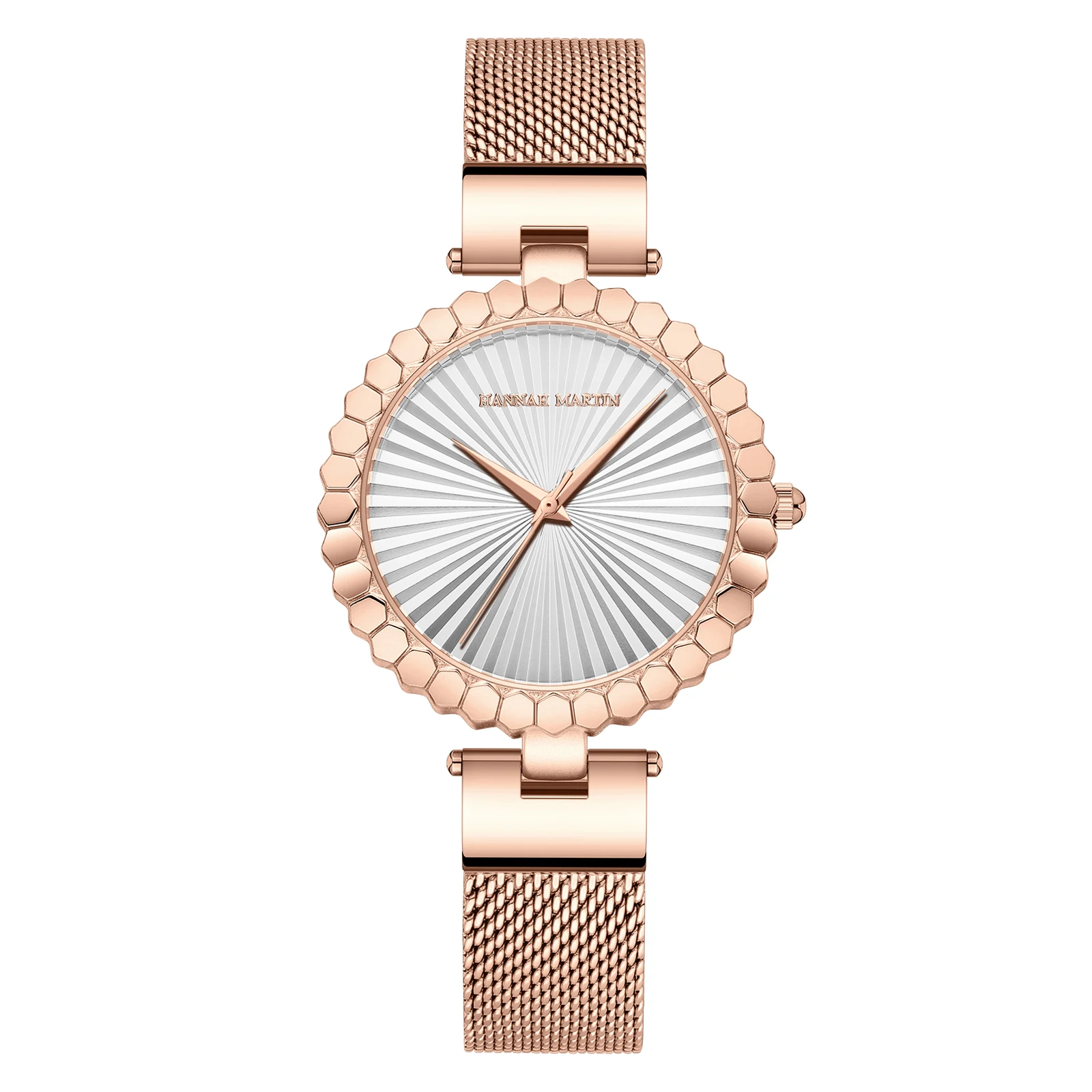 Solaris stainless steel mesh strap watch sculptural sundial face silver modern unisex timepiece