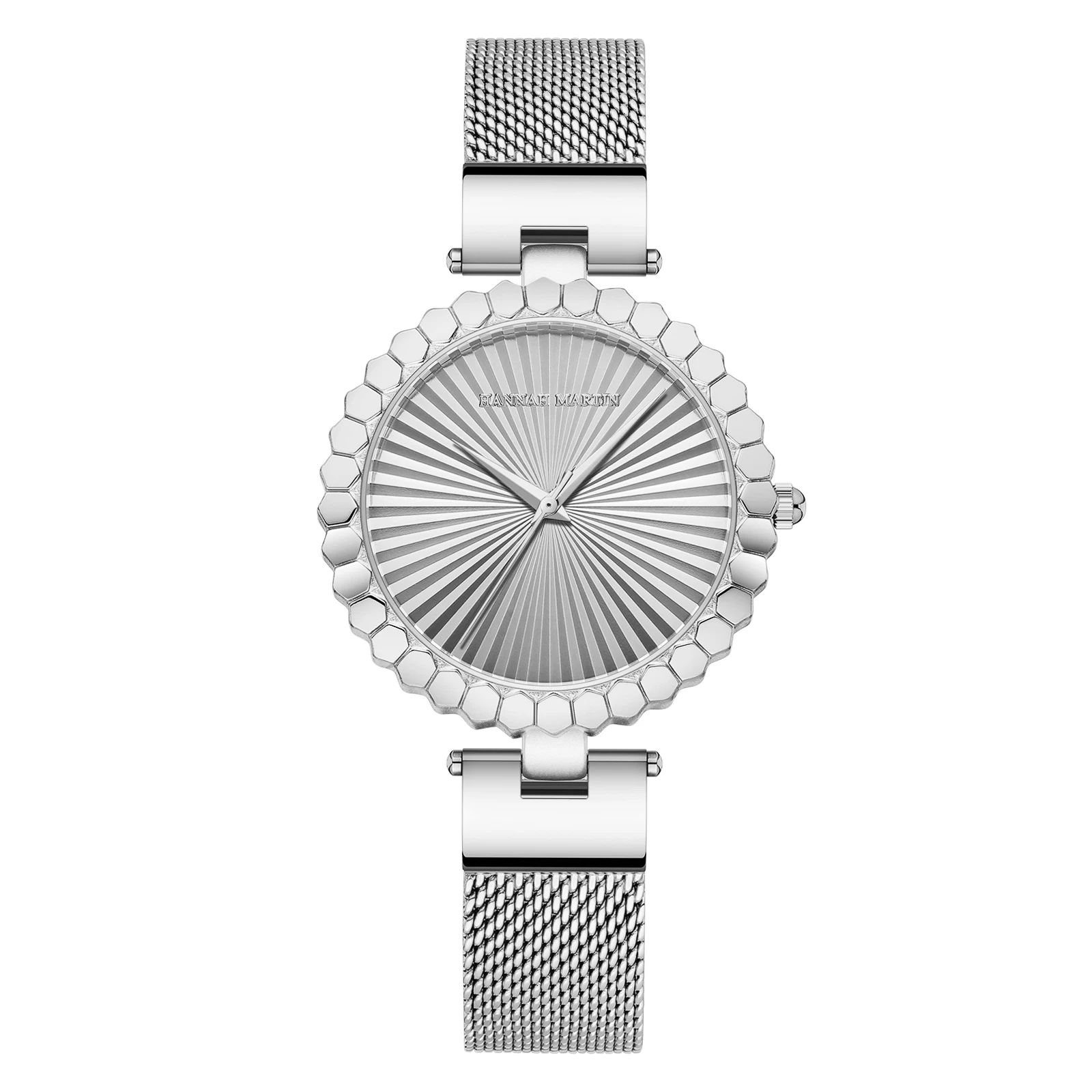 Solaris stainless steel mesh strap watch sculptural sundial face modern silver timepiece