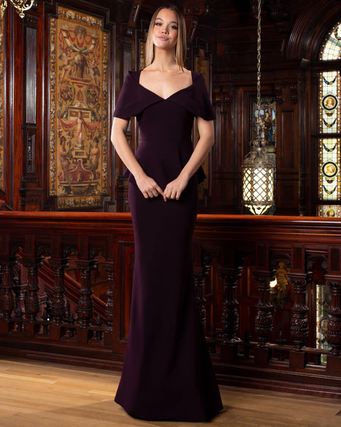 Alexander by Daymor long crepe mermaid evening gown with peplum and V-neck in elegant silhouette