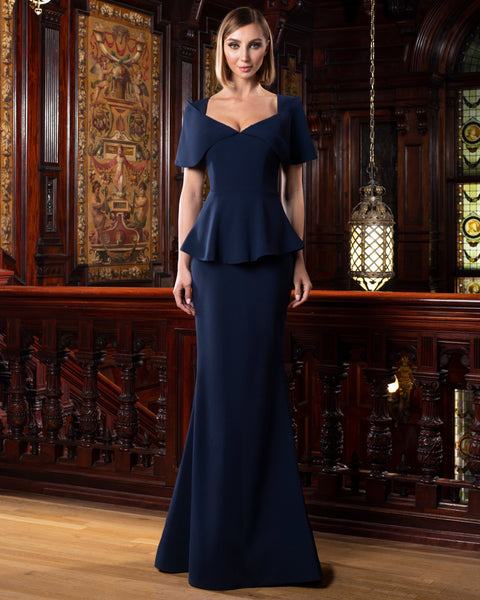 Alexander by Daymor 1578 long mermaid evening gown soft crepe V-neck peplum silhouette formal dress