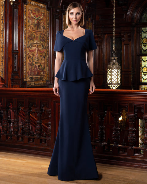 Alexander by Daymor 1578 long mermaid evening gown soft crepe V-neck peplum silhouette formal dress