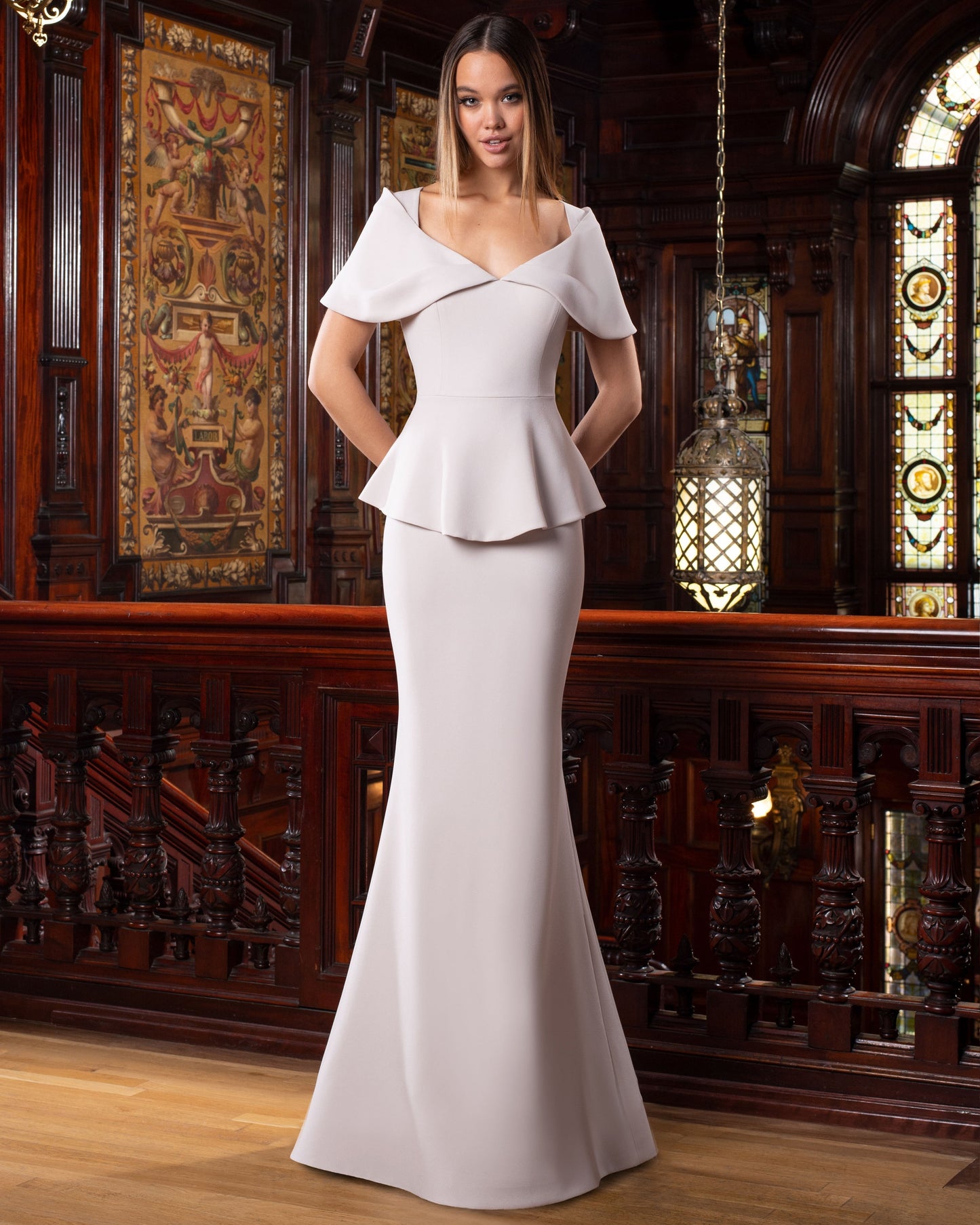 Alexander by Daymor 1578 long crepe mermaid evening gown with peplum and V-neck in elegant silhouette