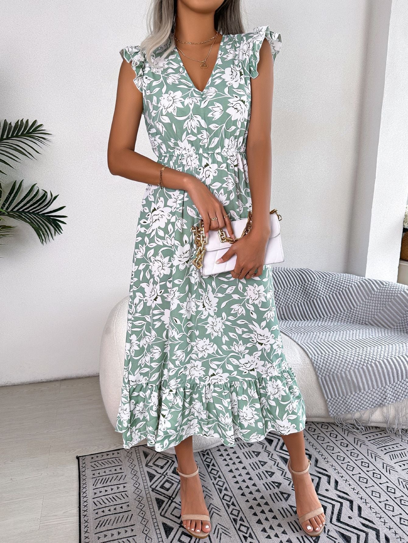 Floral chiffon midi dress flutter sleeves defined waist lightweight breathable women casual chic