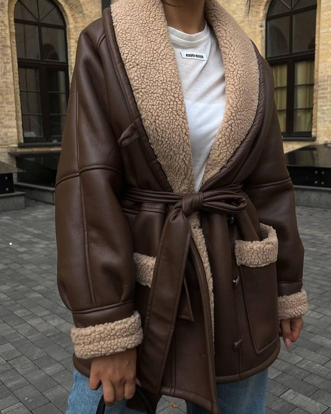 Women's Korean-style mid-length faux leather faux fur coat, loose fit with pockets
