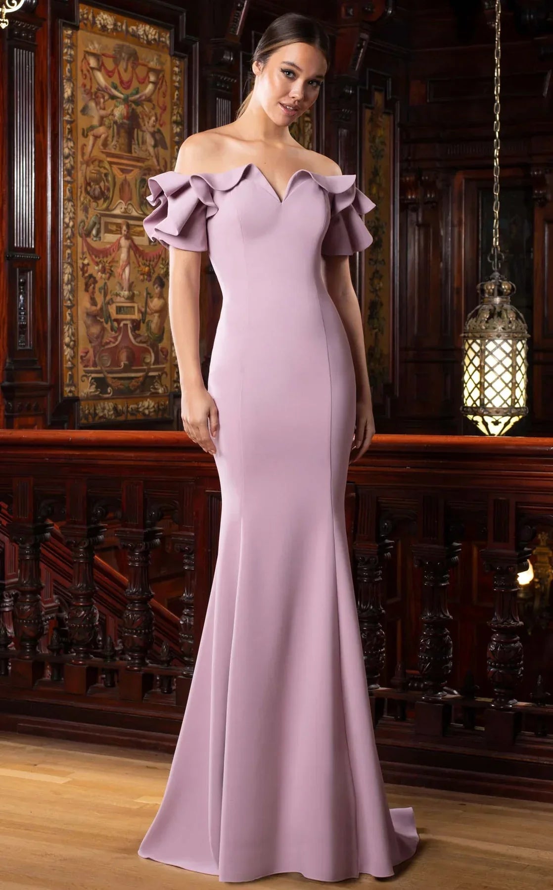 Elegant mermaid evening gown with ruffle sleeves, off-shoulder neckline, crepe knit jersey formal dress