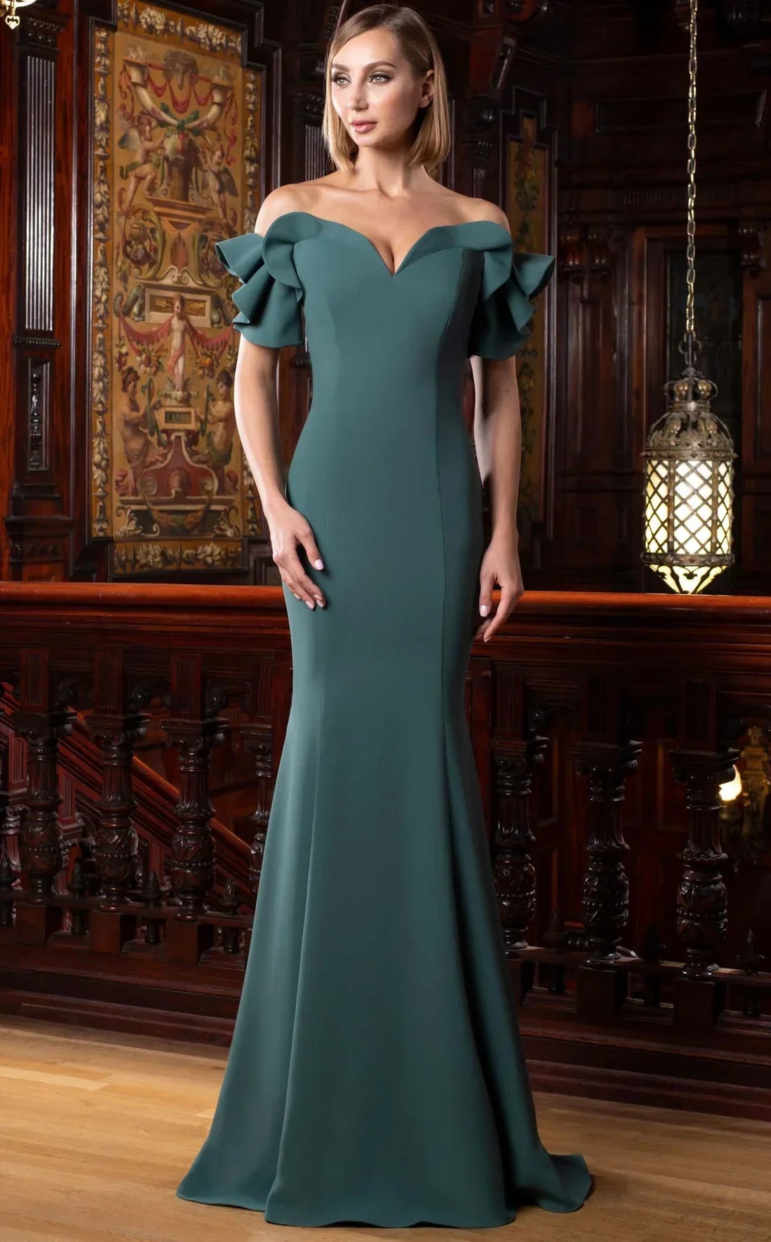 Elegant off-shoulder mermaid evening gown with long ruffle sleeves in crepe knit jersey formal style
