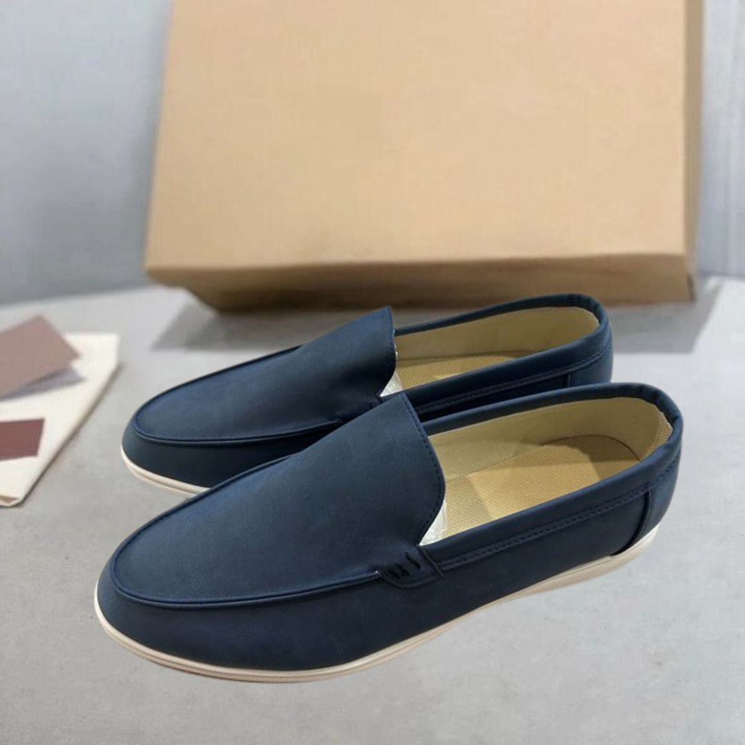 Men's brown suede slip-on loafers low heel streamlined dress-casual fit modern style