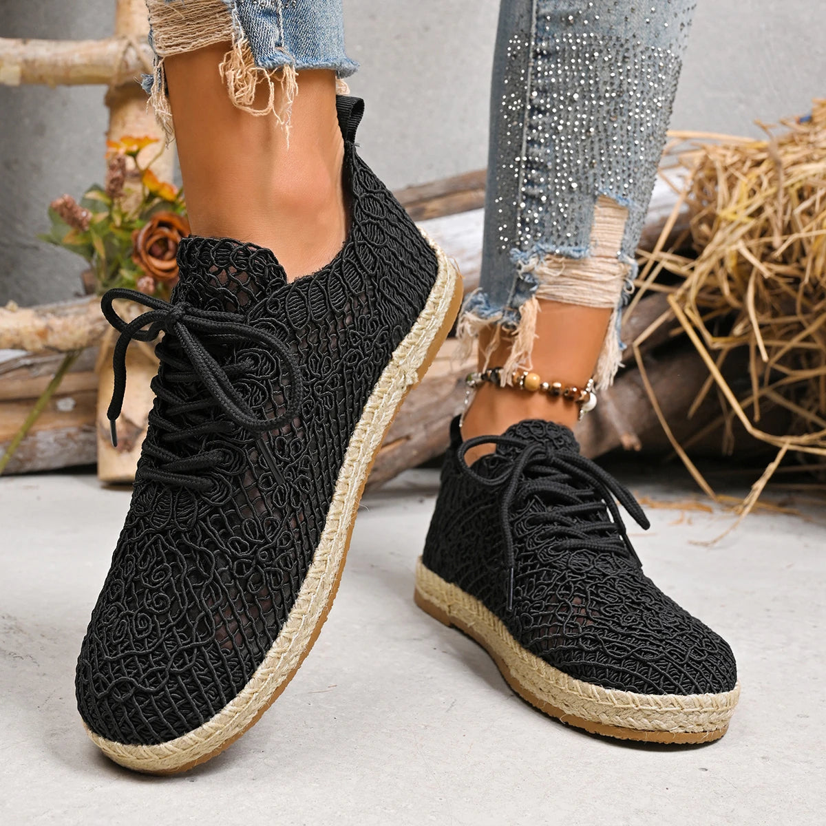 Women's beige crochet espadrille sneakers with open-knit breathable upper and cushioned insole