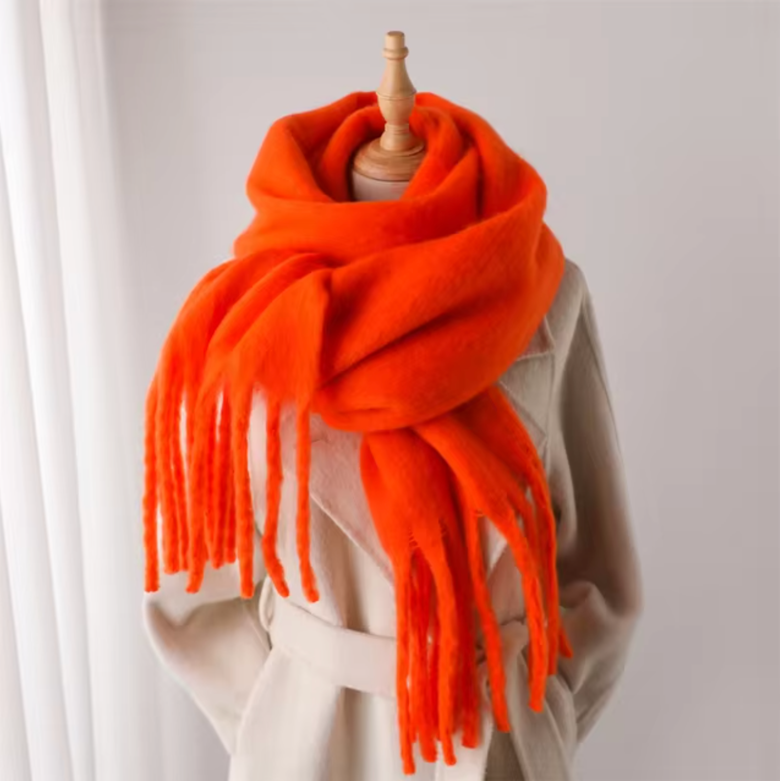 Women's solid cashmere-like pashmina winter scarf with long fringe detailing, soft warm wrap