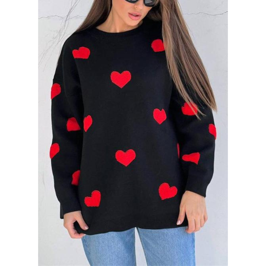 Women's cream knit sweater with heart pattern design, classic cozy fit, romantic everyday knitwear