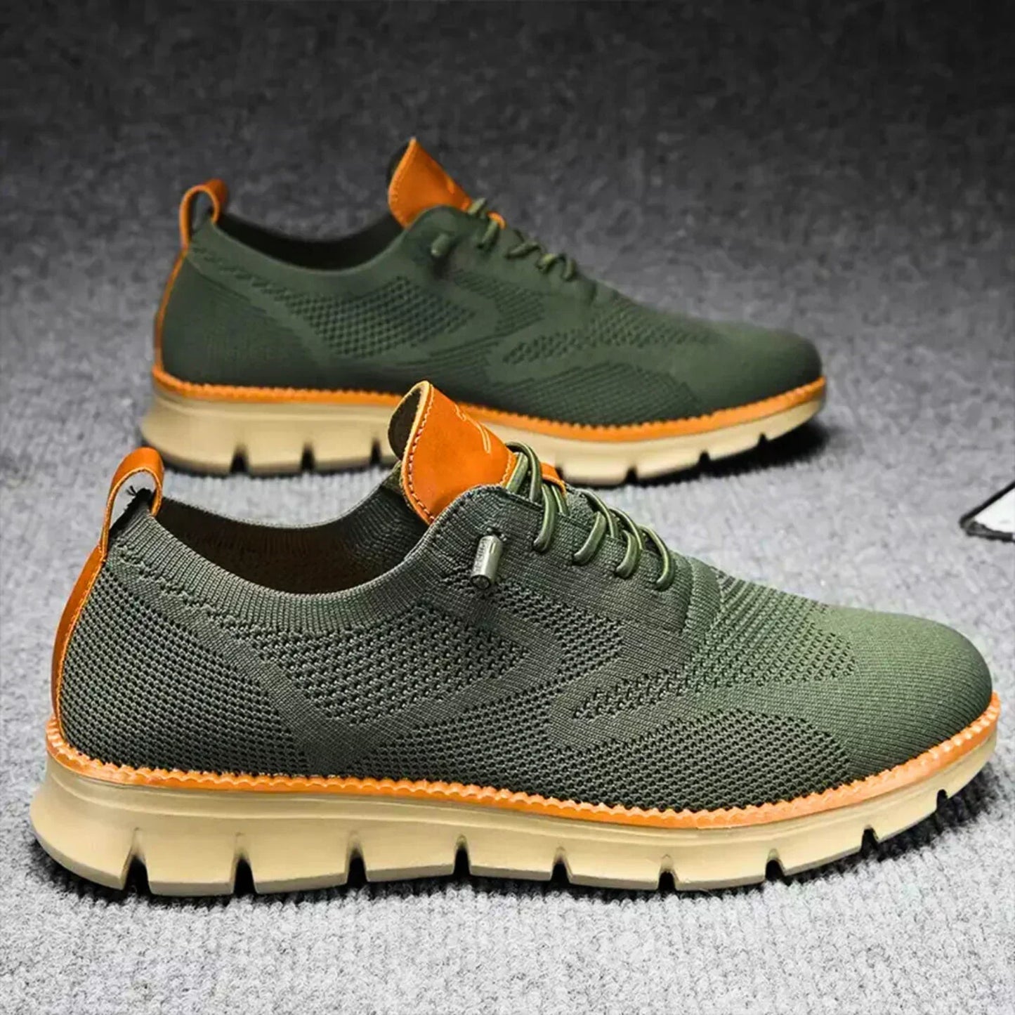 Men's gray knit breathable sneakers with flexible lightweight sole and lace closure for city commuting