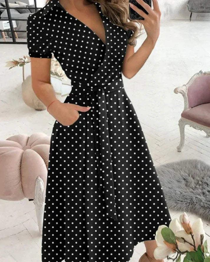 Kyra women's V-neck midi dress elegant everyday wear in chic feminine silhouette