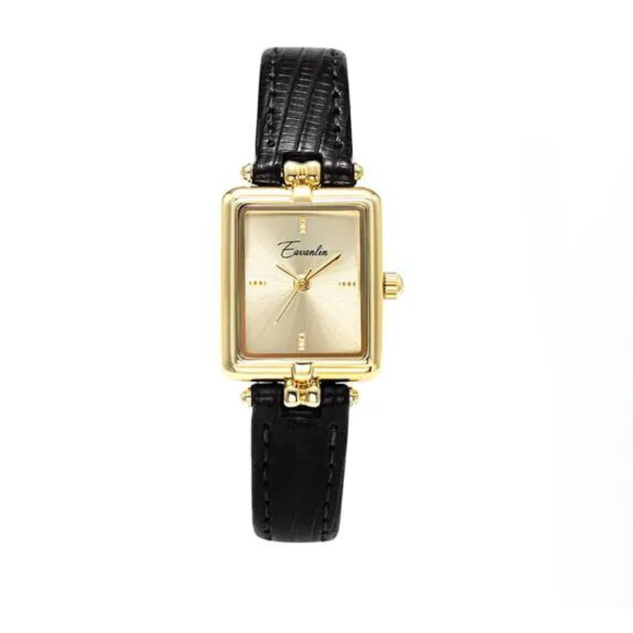 Golden Hour retro unisex quartz watch gold dial leather strap vintage-inspired classic timepiece