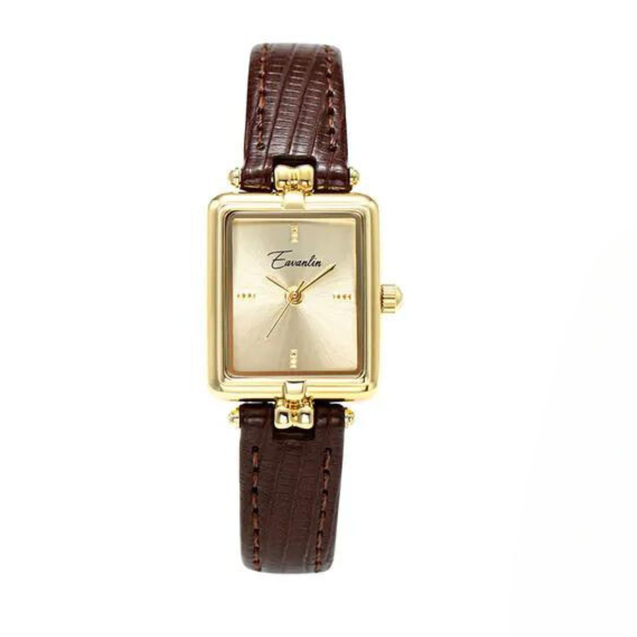 Golden Hour retro quartz watch gold dial leather strap unisex classic vintage timepiece