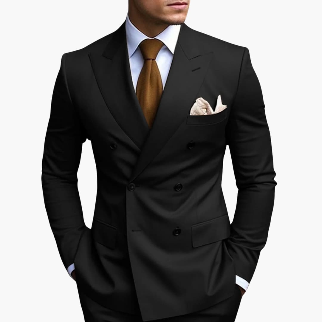 Men's double-button navy suit set with notched lapels and straight-leg pants for modern tailoring