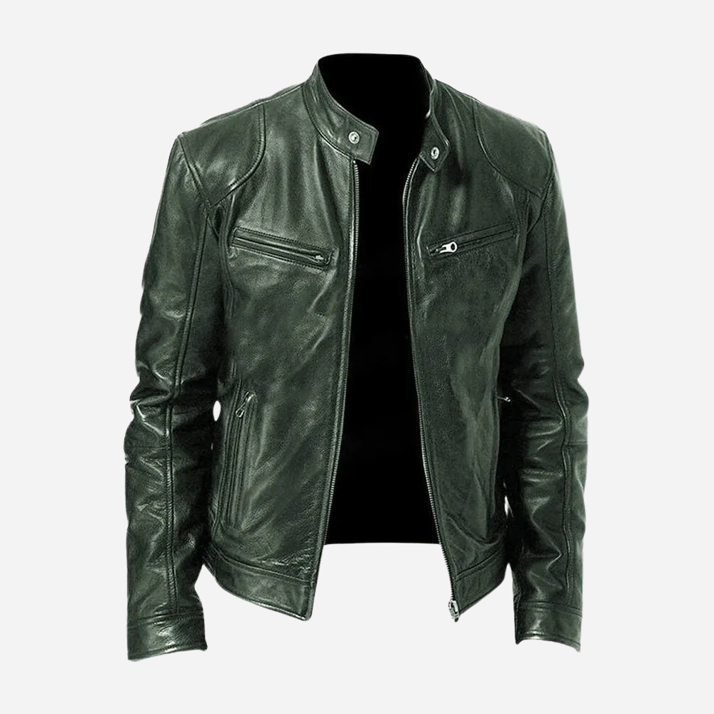 Men's genuine leather slim fit biker jacket in black with snap tab collar and zipper closure
