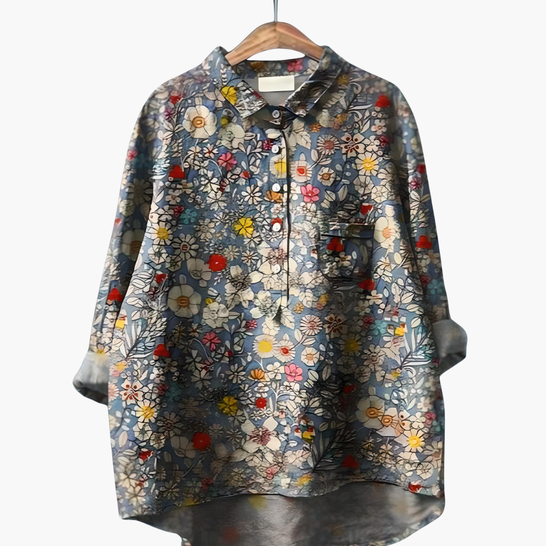 Women's floral print summer blouse lightweight fabric rolled-up long sleeves casual style