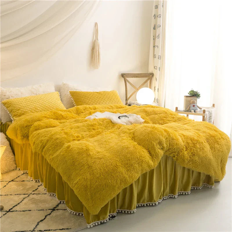 Luxurious plush velvet duvet cover set in rich green with quilted pillow covers, modern cloudlike comfort