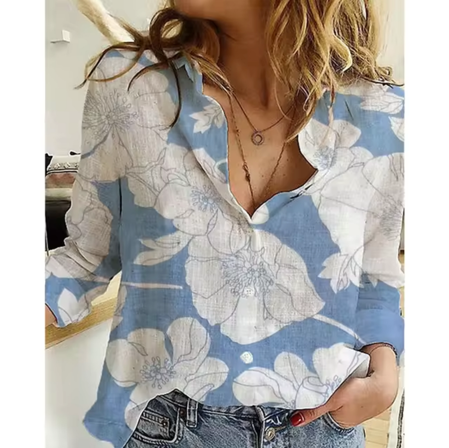 Women's loose fit floral button-up blouse, lightweight long sleeve top with breathable fabric