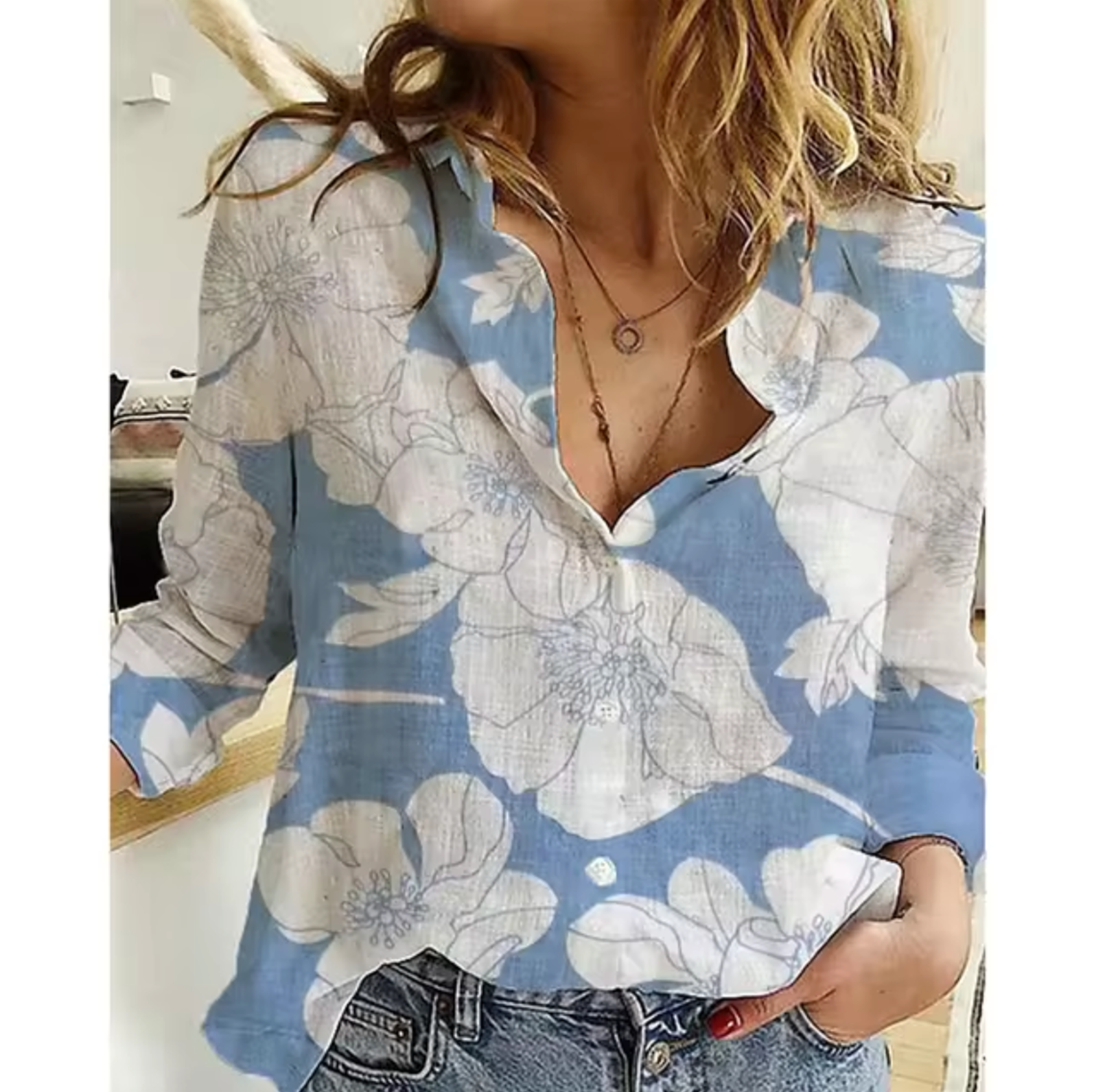Women's loose fit floral button-up blouse, lightweight long sleeve top with breathable fabric