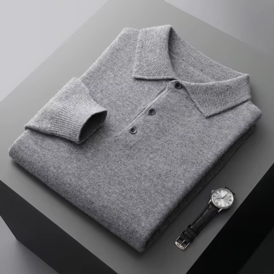 Men's merino wool polo sweater standard fit in neutral tone with button closure and ribbed edges