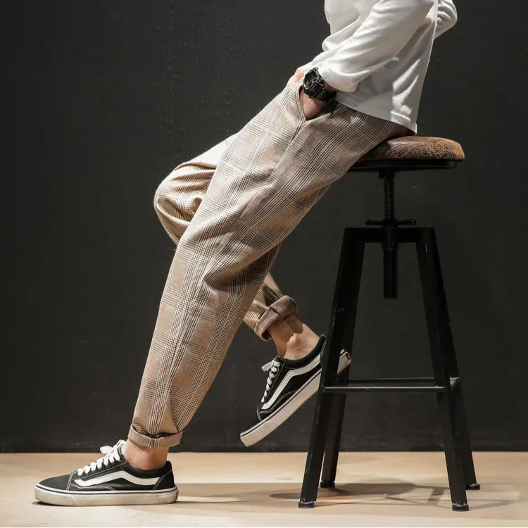 Plaid relaxed tapered trousers for men with cuffed hem, smart casual versatile style
