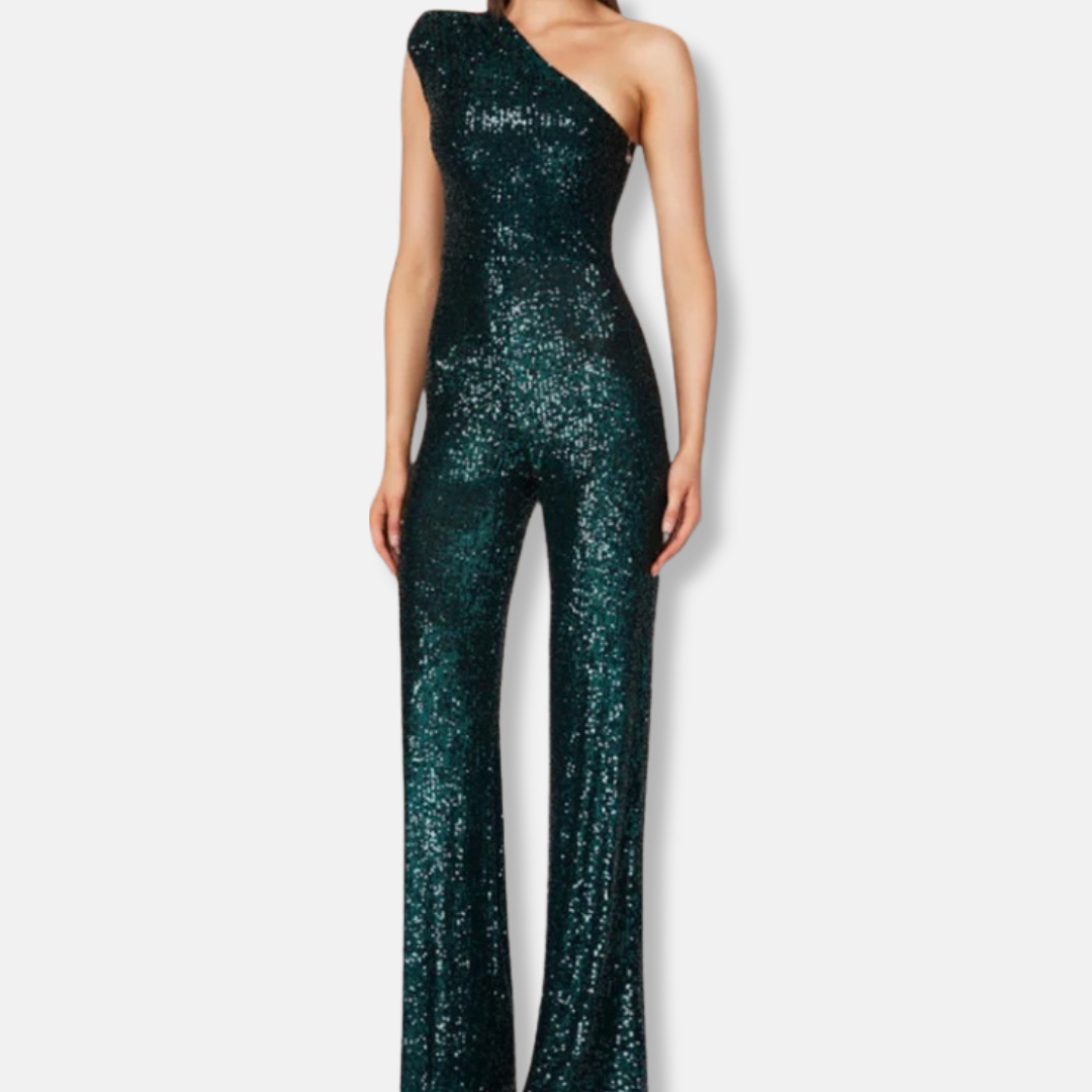 Women's silver sequined one-shoulder wide-leg jumpsuit sleeveless glamorous eveningwear