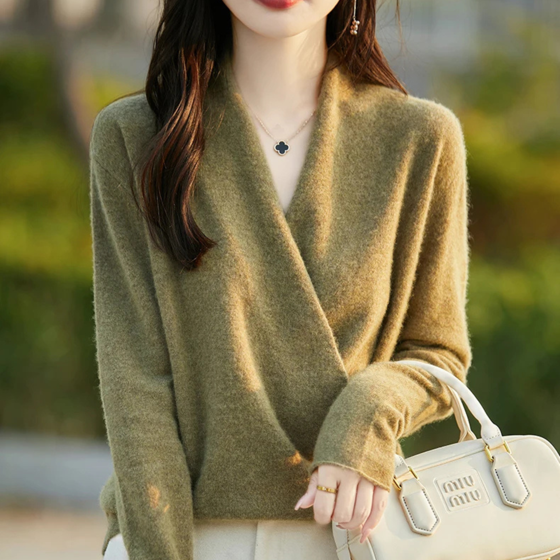 Women's merino wool wrap sweater, featherweight knit crossover V-neck minimalist luxury style
