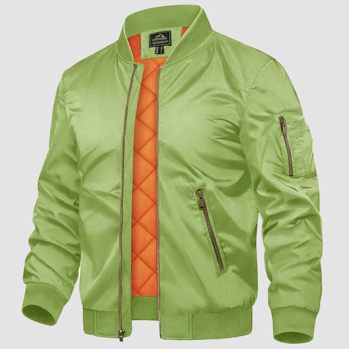 Men's black bomber jacket zip-up windbreaker with quilted orange interior lining and multi-pocket design