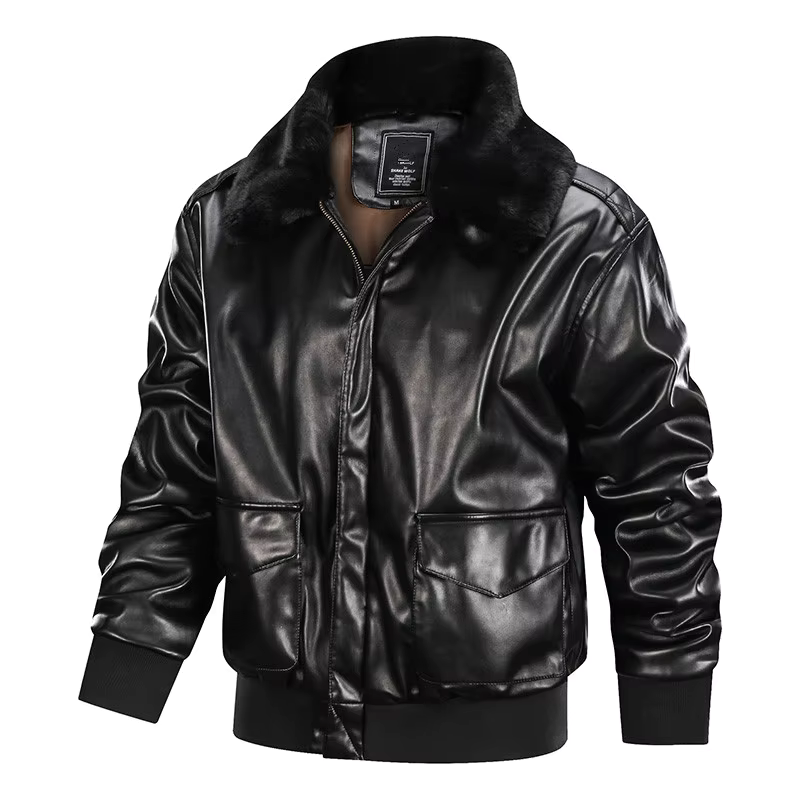 Men's black PU leather regular fit jacket with fur collar, ribbed cuffs, and zipper flap pockets