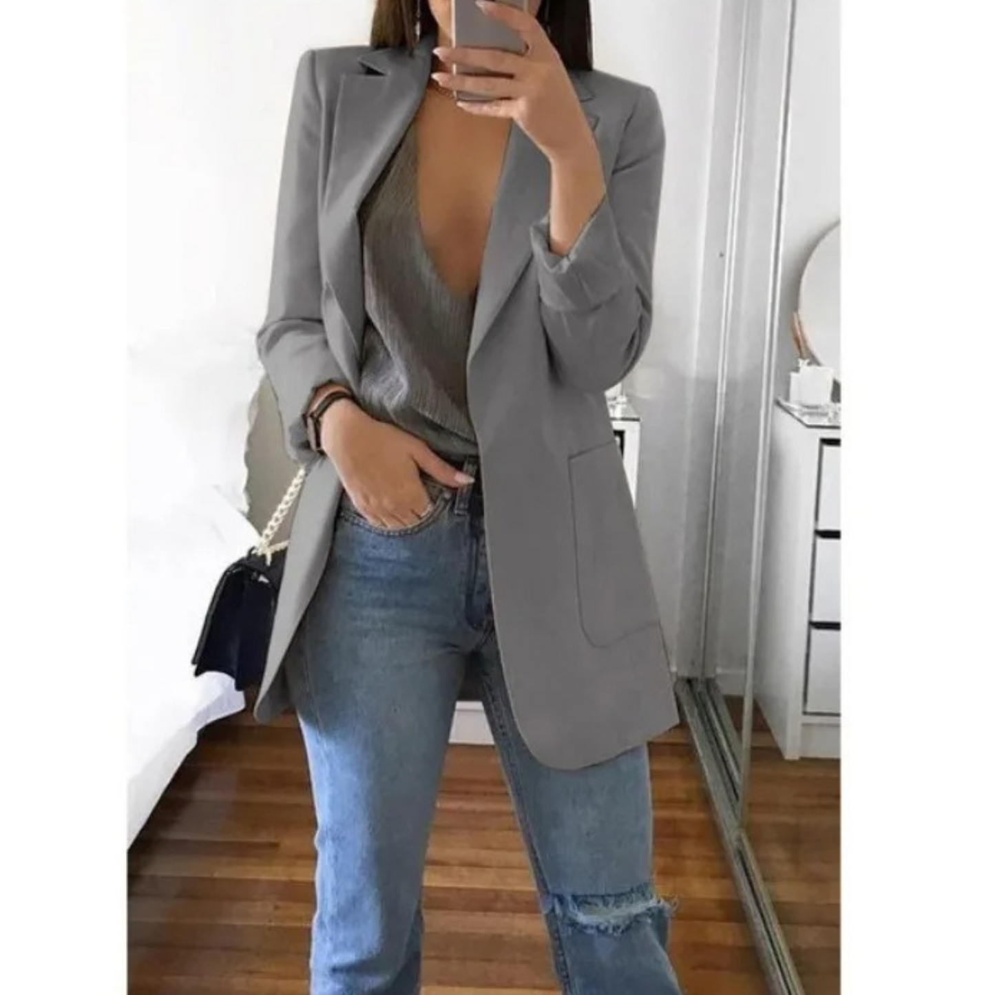 Womens long khaki blazer tailored fit elegant office style refined silhouette all day comfort