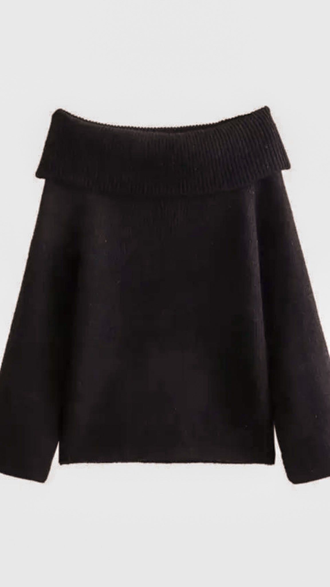 Women's cream off-shoulder knit sweater with soft draping foldover neckline and relaxed long sleeves