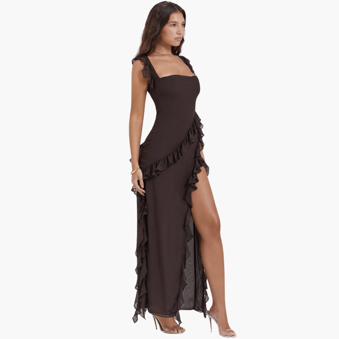 Women's elegant maxi dress with ruffled detailing, high slit, chic summer occasion wear