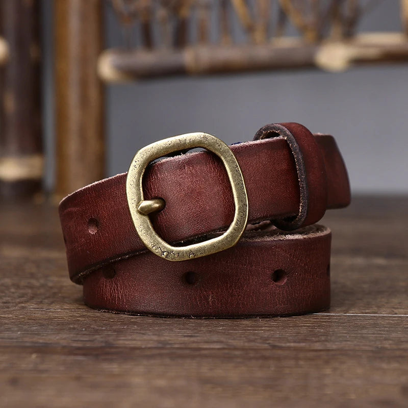 Men's full-grain leather belt distressed patina antique brass buckle hand-finished vintage style