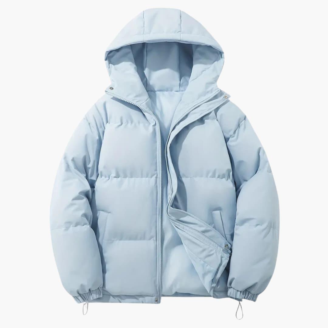 Women's quilted hooded jacket with full-zip closure, side pockets, and adjustable hem drawstring