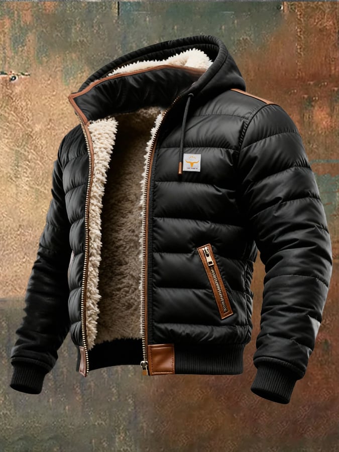 Men's hooded puffer jacket sherpa-lined quilted exterior full-zip design for everyday warmth