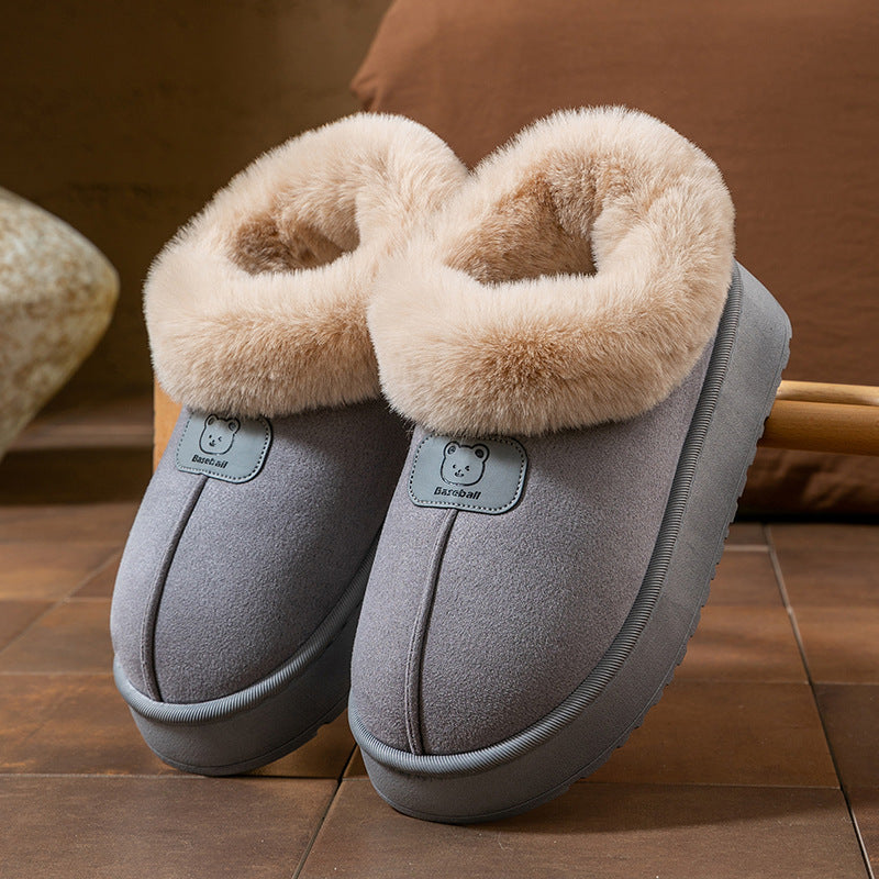 Women's plush lined bootie slippers in neutral tones, slip-on cozy platform sole indoor booties