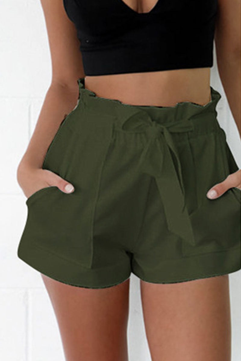 Women's tan paper bag waist shorts with tie belt, relaxed high-waist fit for casual summer style