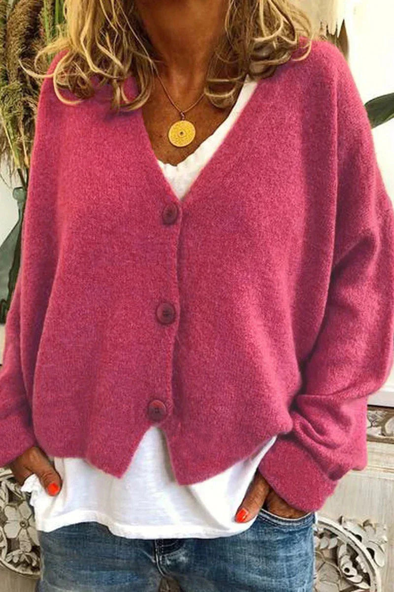 Women's cozy patchwork knit cardigan with V-neck, versatile layering piece in multicolor design
