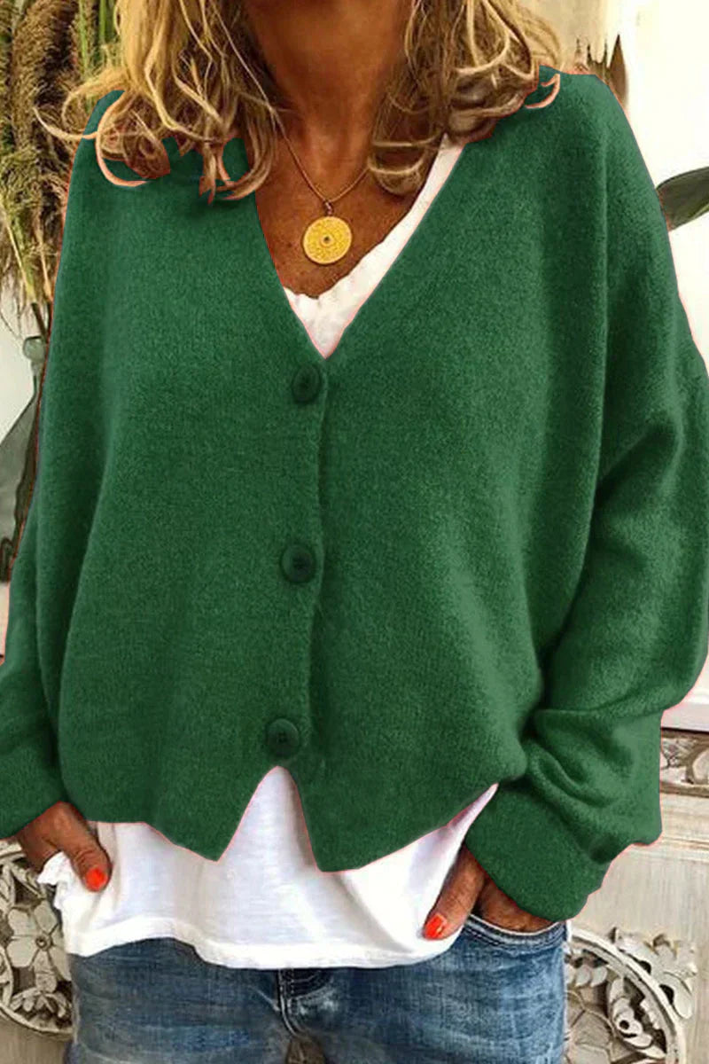 Women's cozy patchwork knit cardigan V-neck versatile layering sweater with multicolor pattern