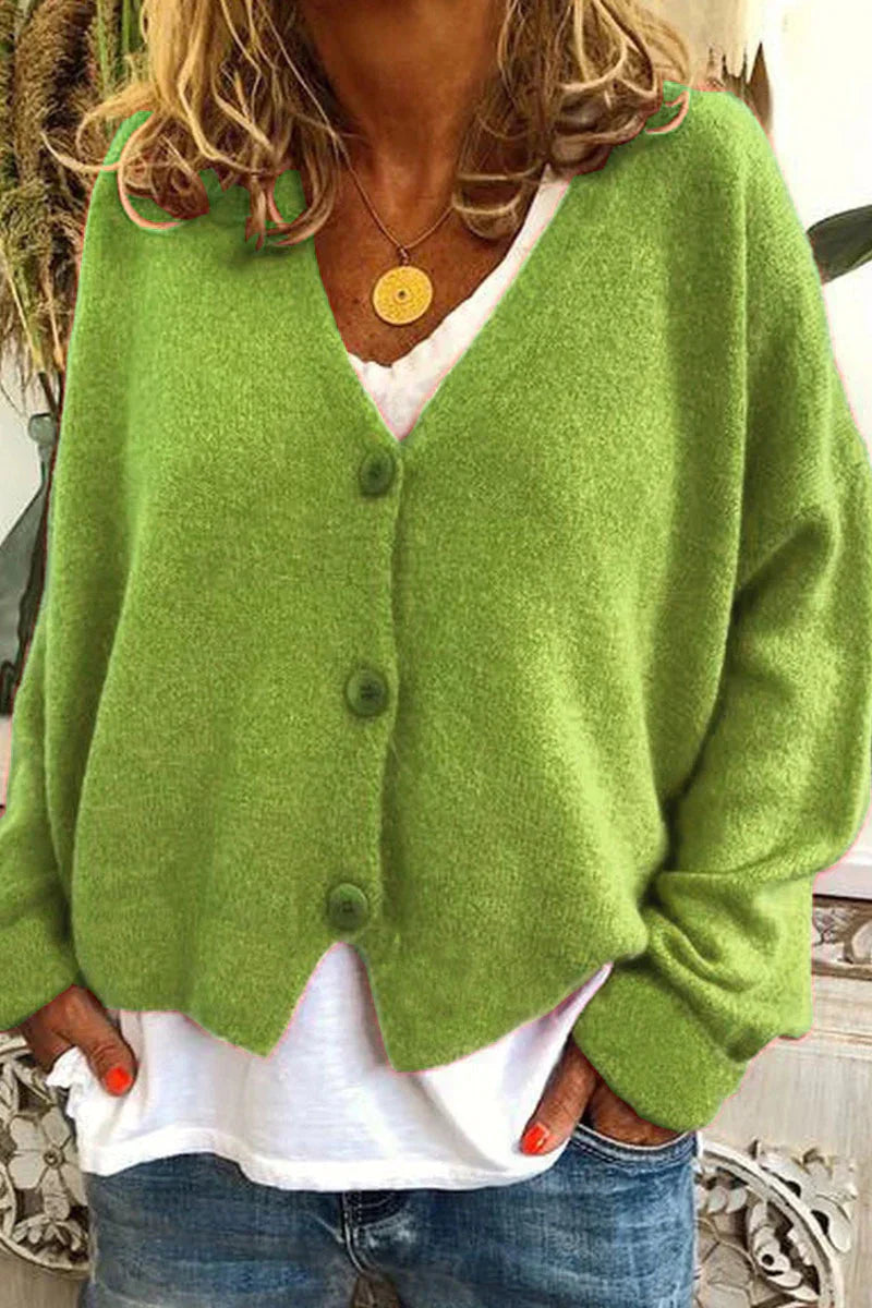 Women's patchwork knit cardigan cozy V-neck layering piece with subtle multicolor pattern