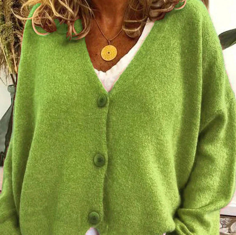 Women's loose fit V-neck knit cardigan in cozy soft fabric with classic button-front for effortless layering
