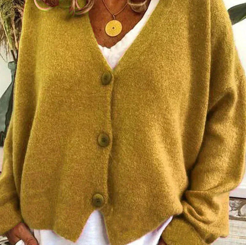 Women's loose fit V-neck cozy knit cardigan with button-front closure for effortless everyday layering
